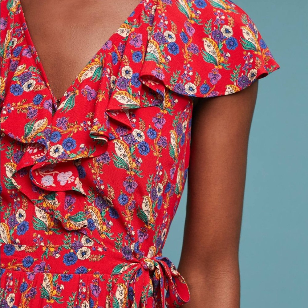 Anthropologie Maeve Rosalia Red Floral Faux Wrap Ruffle Dress - Size 0 - Picture 4 of 10